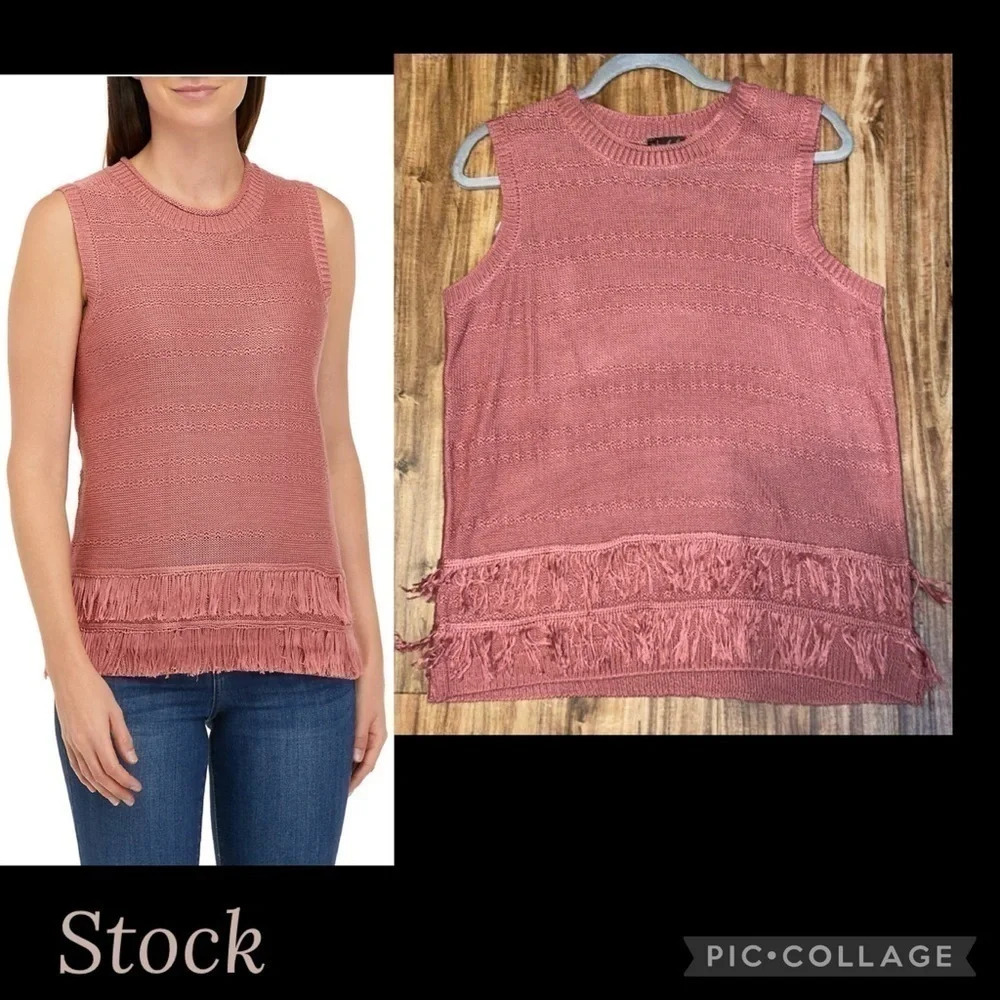 Wonderly women’s Large sweater top knit sleeveless rose pink fringe hem casual